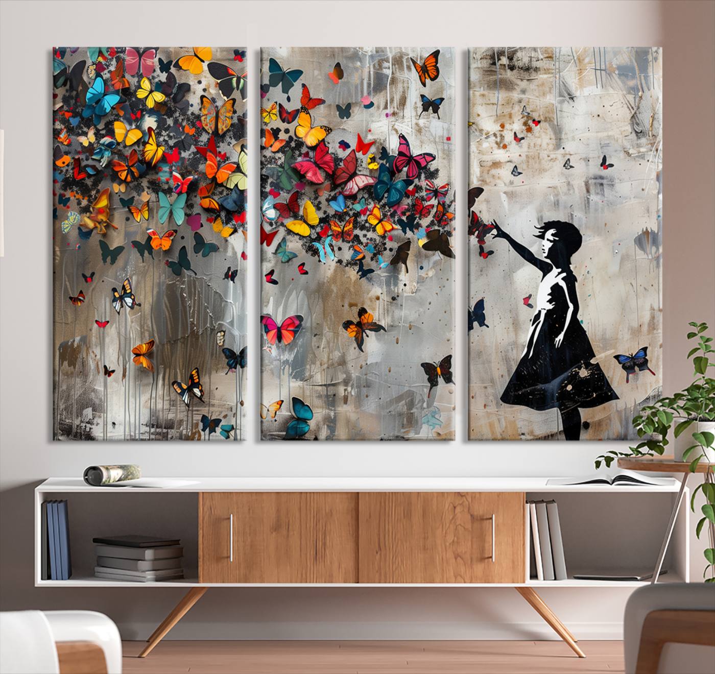 Banksy Style Girl and Butterfly on the Wall Art Canvas Print