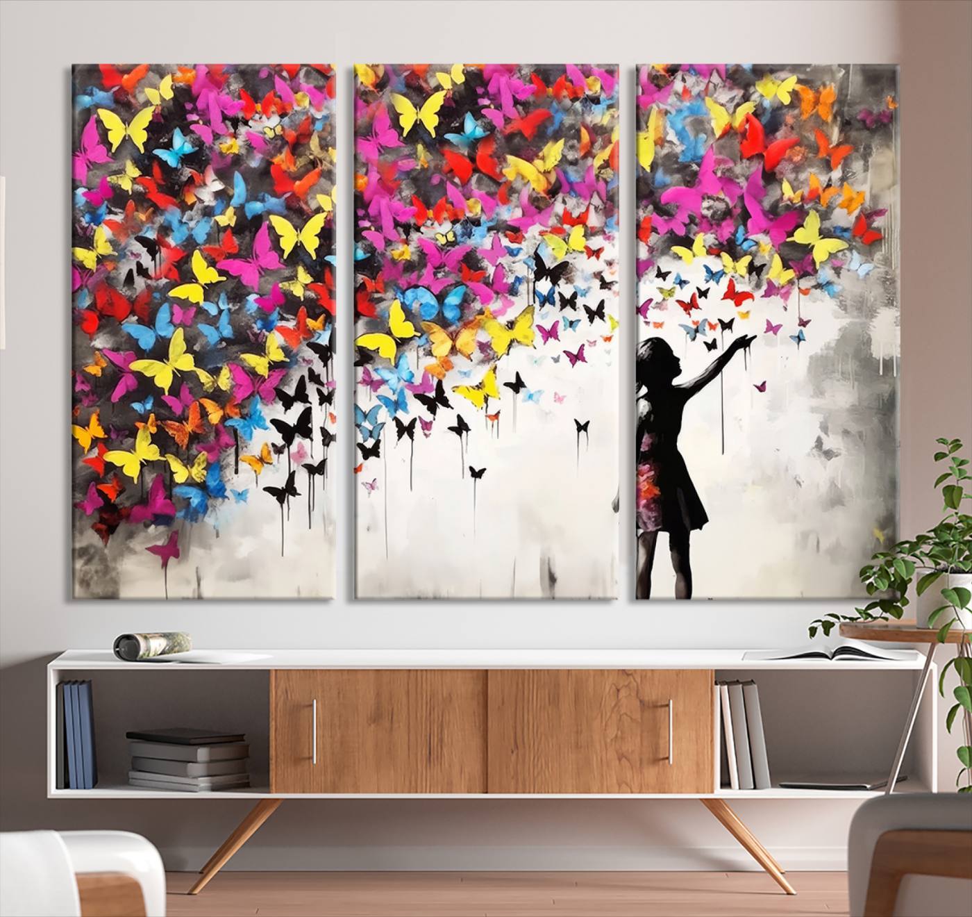 Banksy Style Girl and Butterfly Wall Art Canvas Print