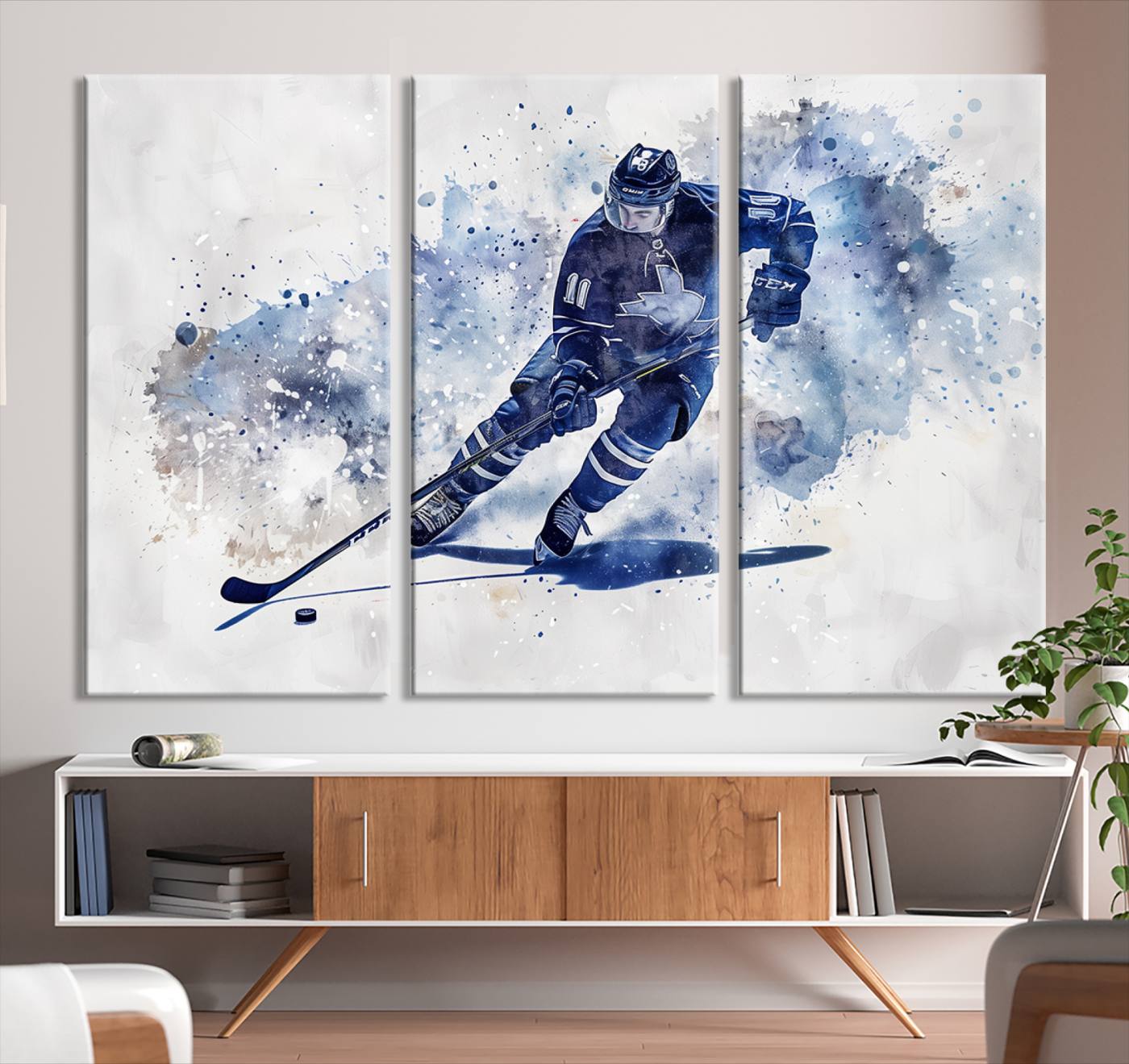 Abstract Watercolor Hockey Player Wall Art Canvas Print for Sport Room Decor