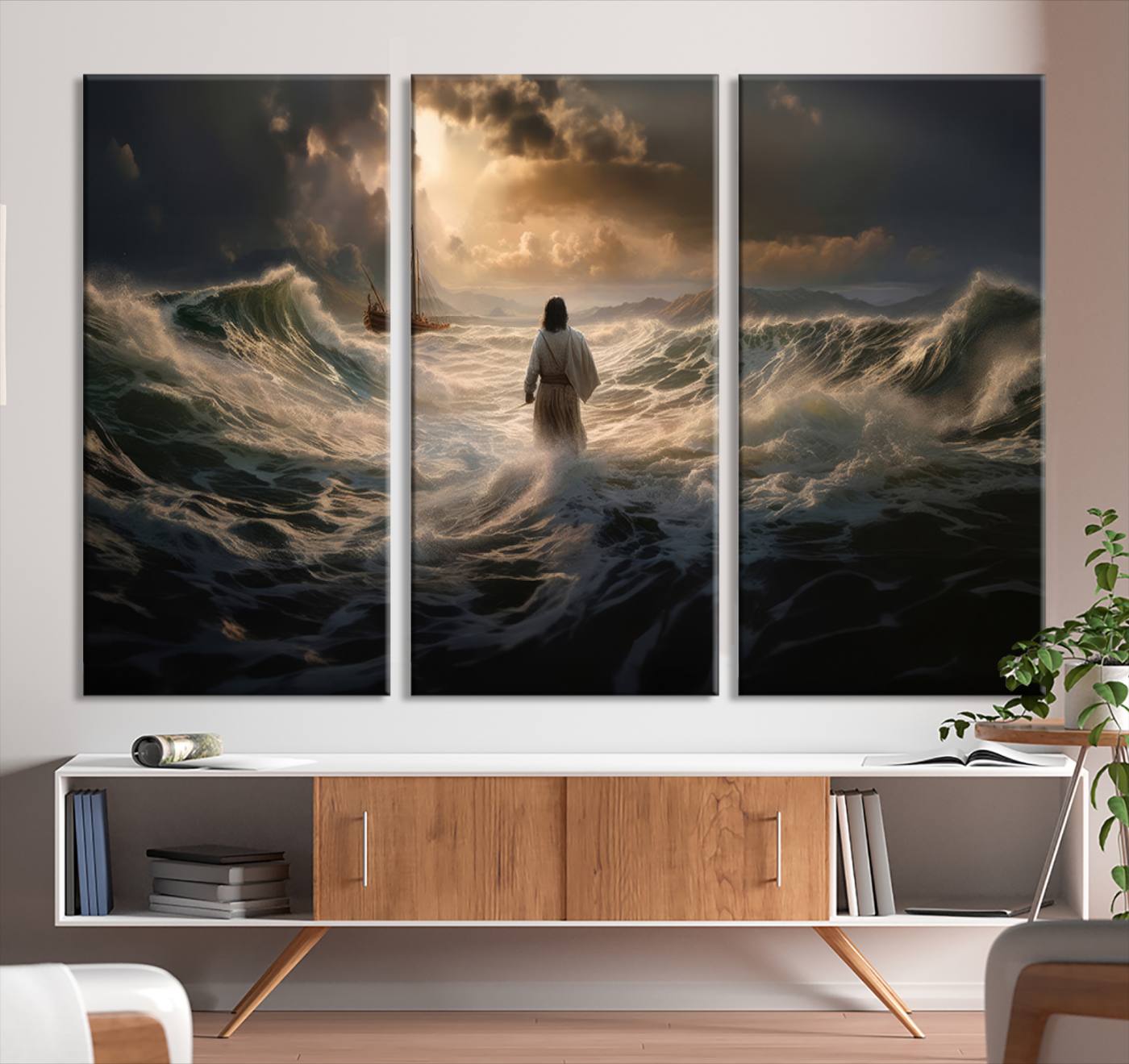 Jesus Walk in Sea Wall Art Canvas Print, Christian Wall Art Print,