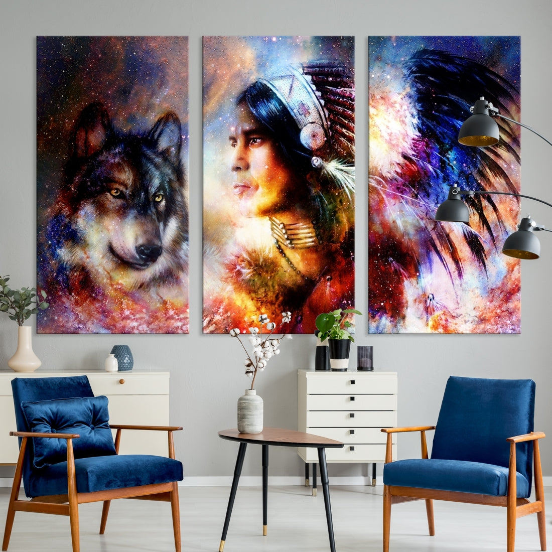 Wolf and Abstract Indian Chief Wall Art Canvas Print