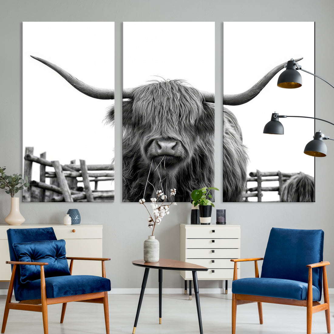 Bighorn Wall Art Cow Canvas Print Black White Artwork Mountain Lounge Farmhouse Wall Decor