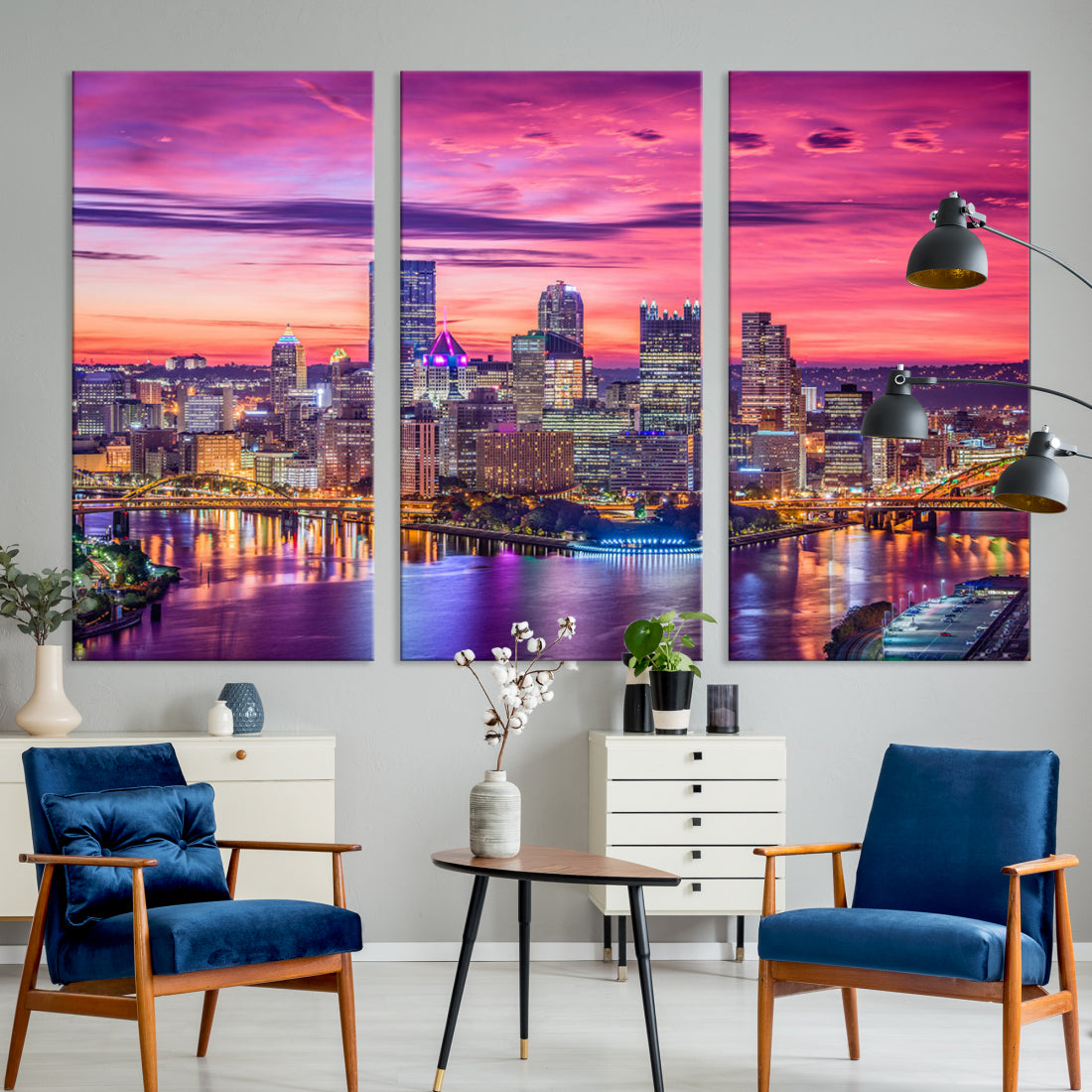 Pittsburgh Skyline Wall Art pink sky sunset cityscape Canvas Print Pennsylvania wall decor