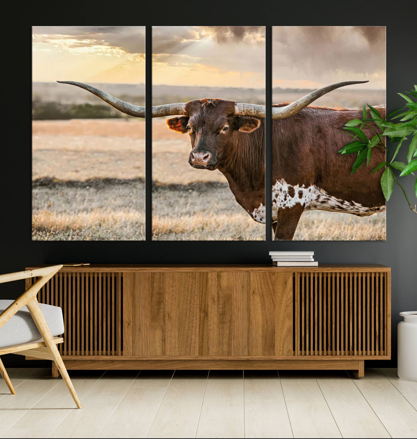 Bighorn Cow Texas Theme Decor Wall Art Canvas Print, Cattle Longhorn Wall Art Print