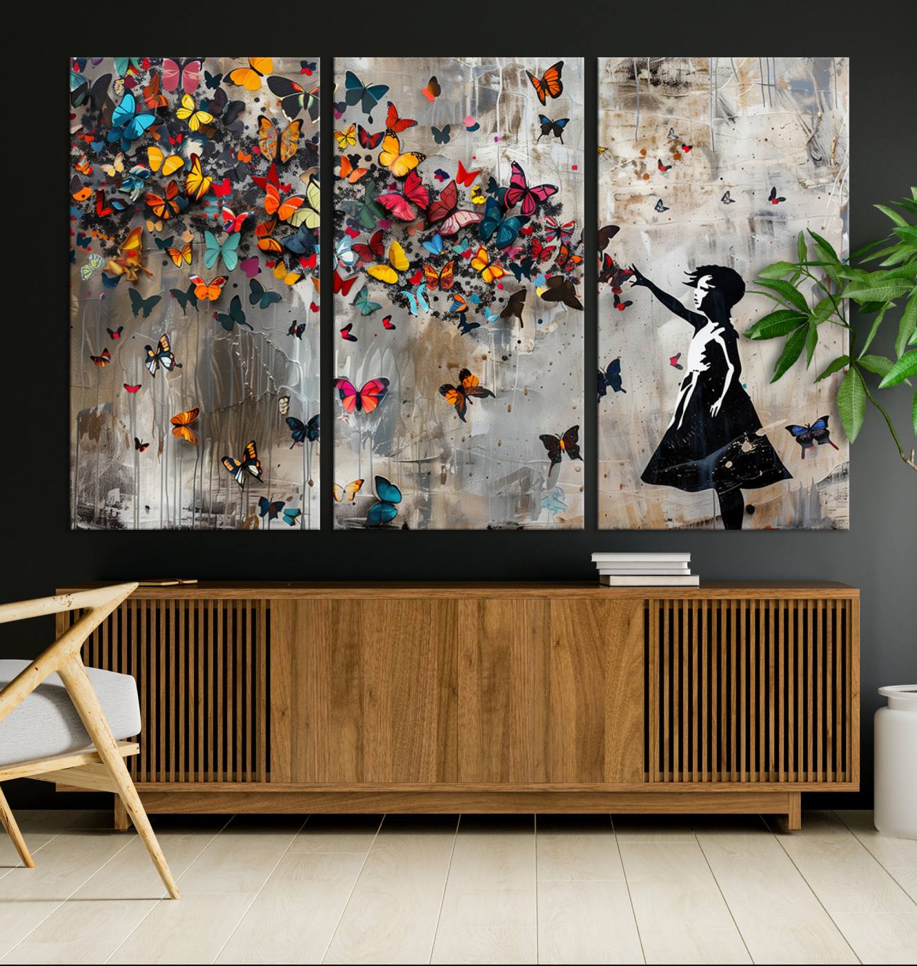 Banksy Style Girl and Butterfly on the Wall Art Canvas Print