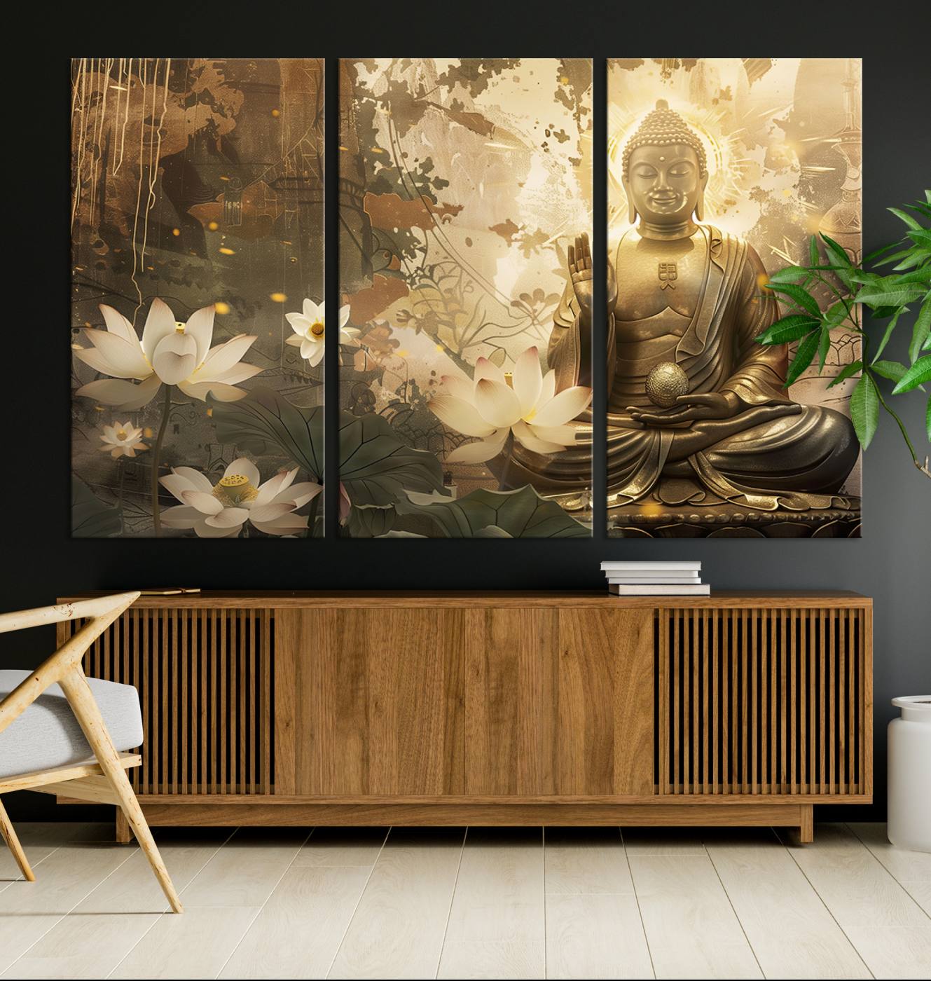 Buddha and Lotus Wall Art Canvas Print, Buddha Meditation Room Decor, Yoga Room Wall Art