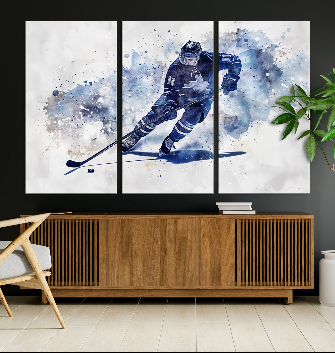 Abstract Watercolor Hockey Player Wall Art Canvas Print for Sport Room Decor