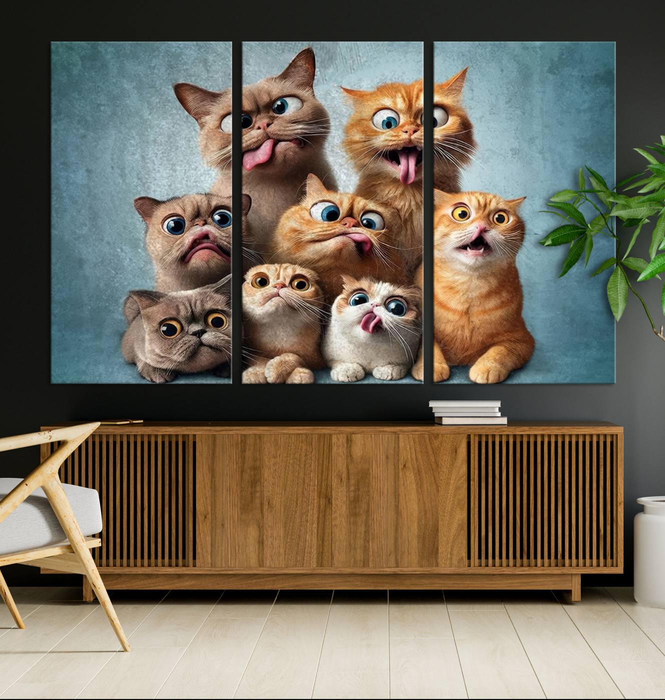 Fanny Cats Wall Art Canvas Print, Pixar Style Cat Wall Art Print, Comic Cartoon Cat Print