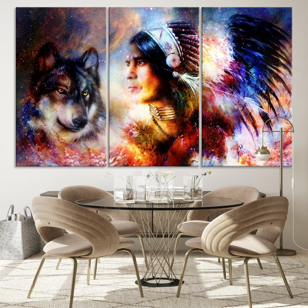 Wolf and Abstract Indian Chief Wall Art Canvas Print