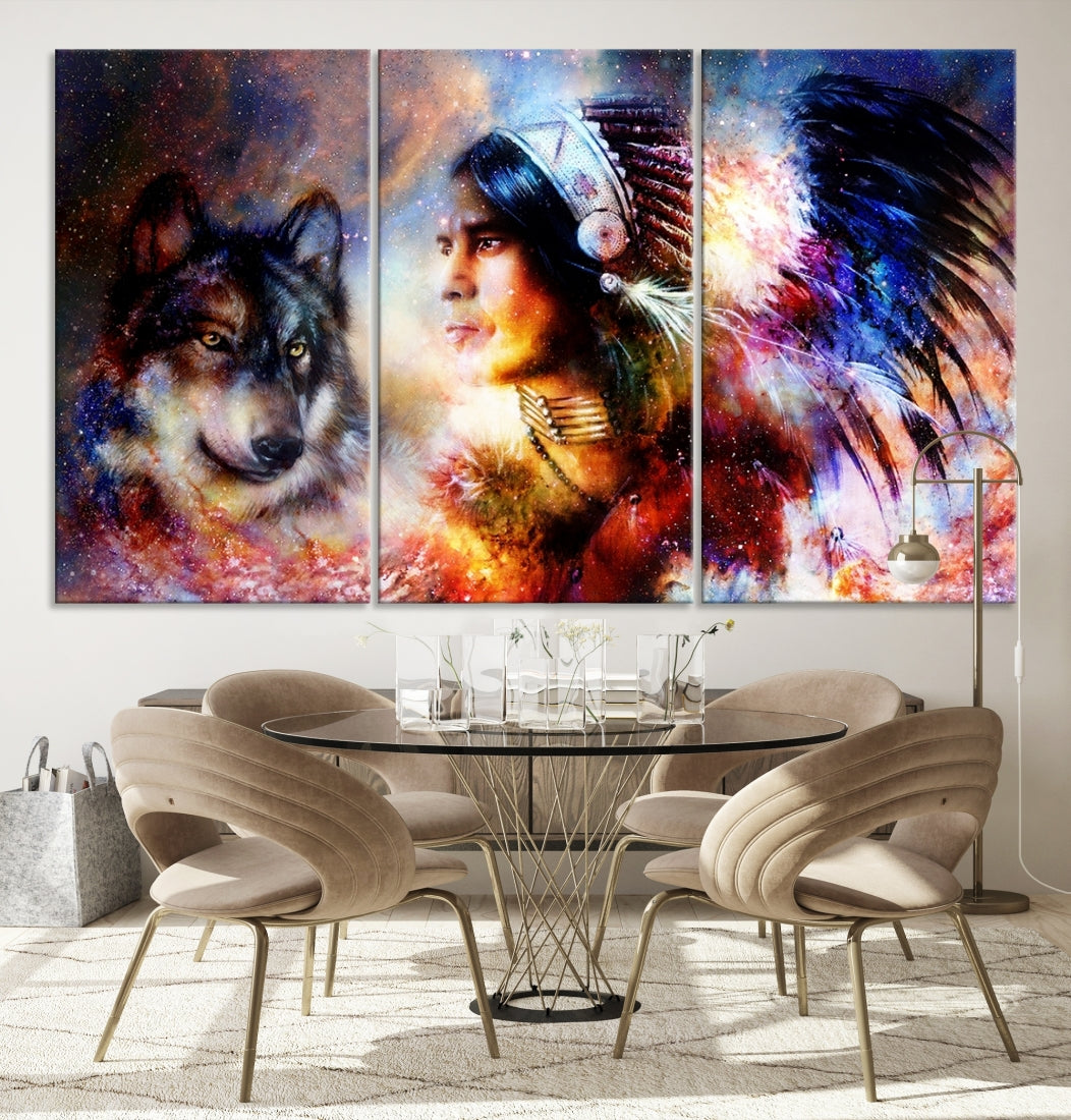 Wolf and Abstract Indian Chief Wall Art Canvas Print