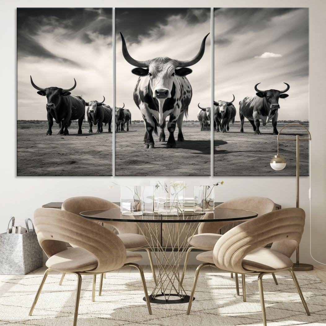 Texas Bighorn Cow Animal Wall Art Canvas Print, Longhorn Cow Large Wall Art