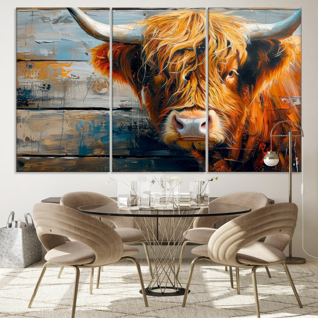 Cool Longhorn Cow on Old Wood Background Canvas Wall Art Print Framed and Shipped