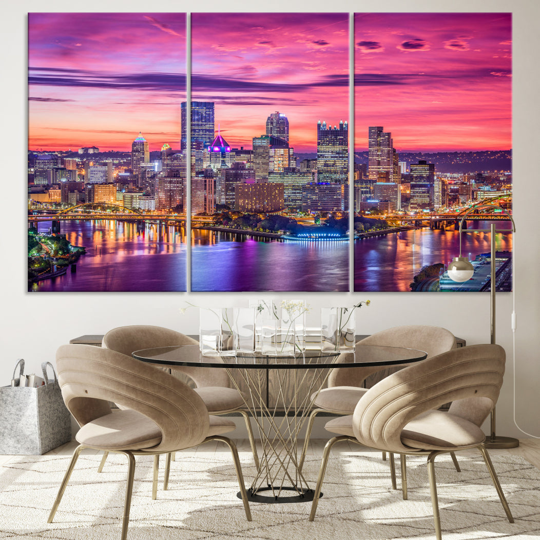 Pittsburgh Skyline Wall Art pink sky sunset cityscape Canvas Print Pennsylvania wall decor