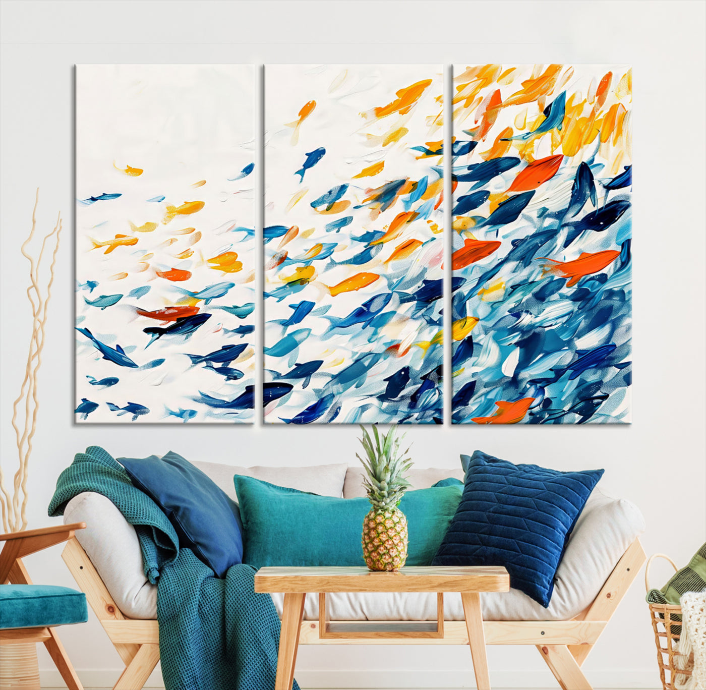 Abstract Fish Shoal Wall Art Canvas Print, Colorful Fish Herd Painting on Canvas Print