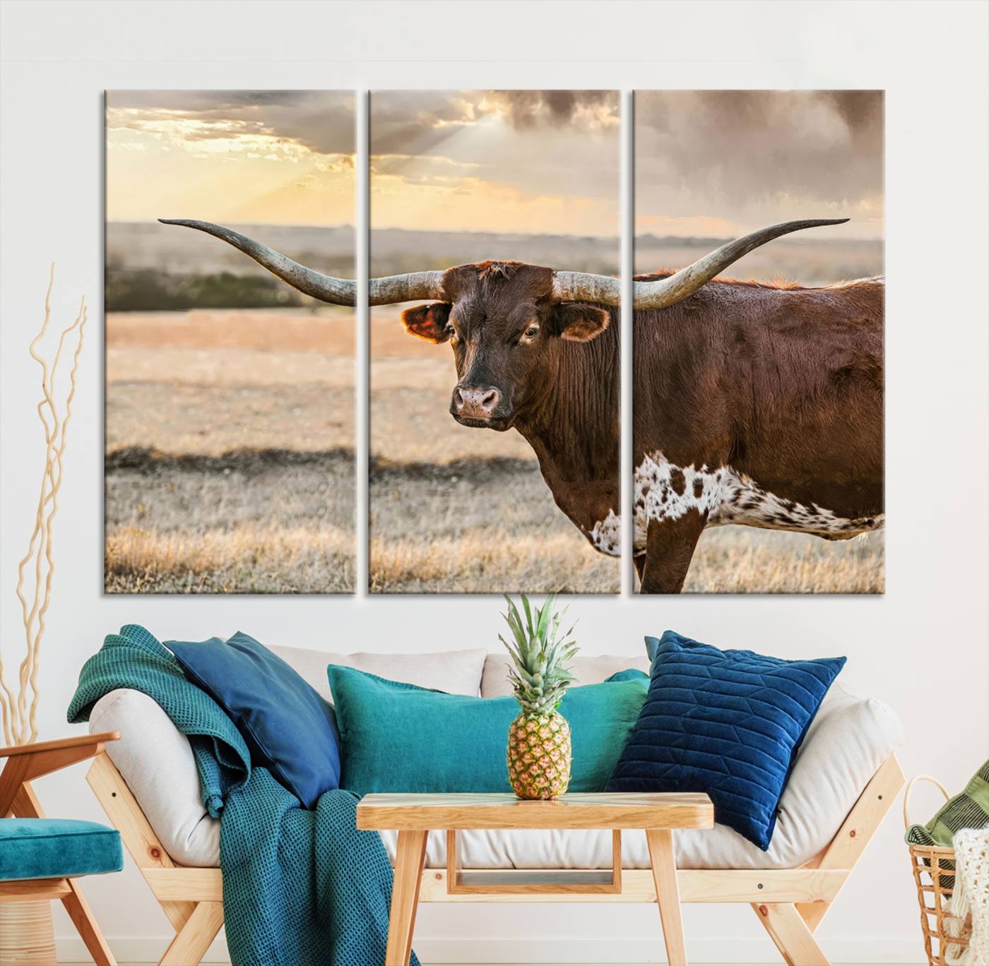 Bighorn Cow Texas Theme Decor Wall Art Canvas Print, Cattle Longhorn Wall Art Print