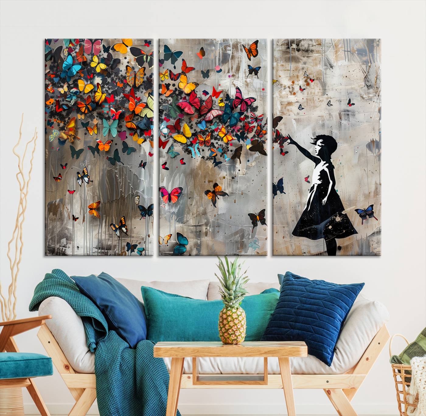 Banksy Style Girl and Butterfly on the Wall Art Canvas Print