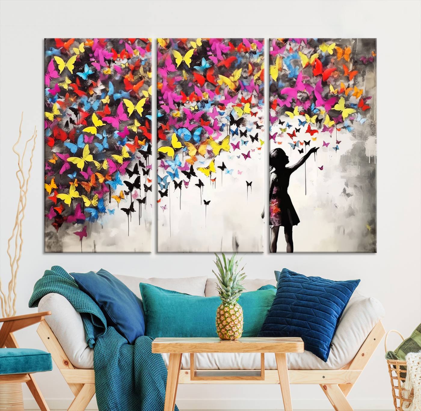 Banksy Style Girl and Butterfly Wall Art Canvas Print