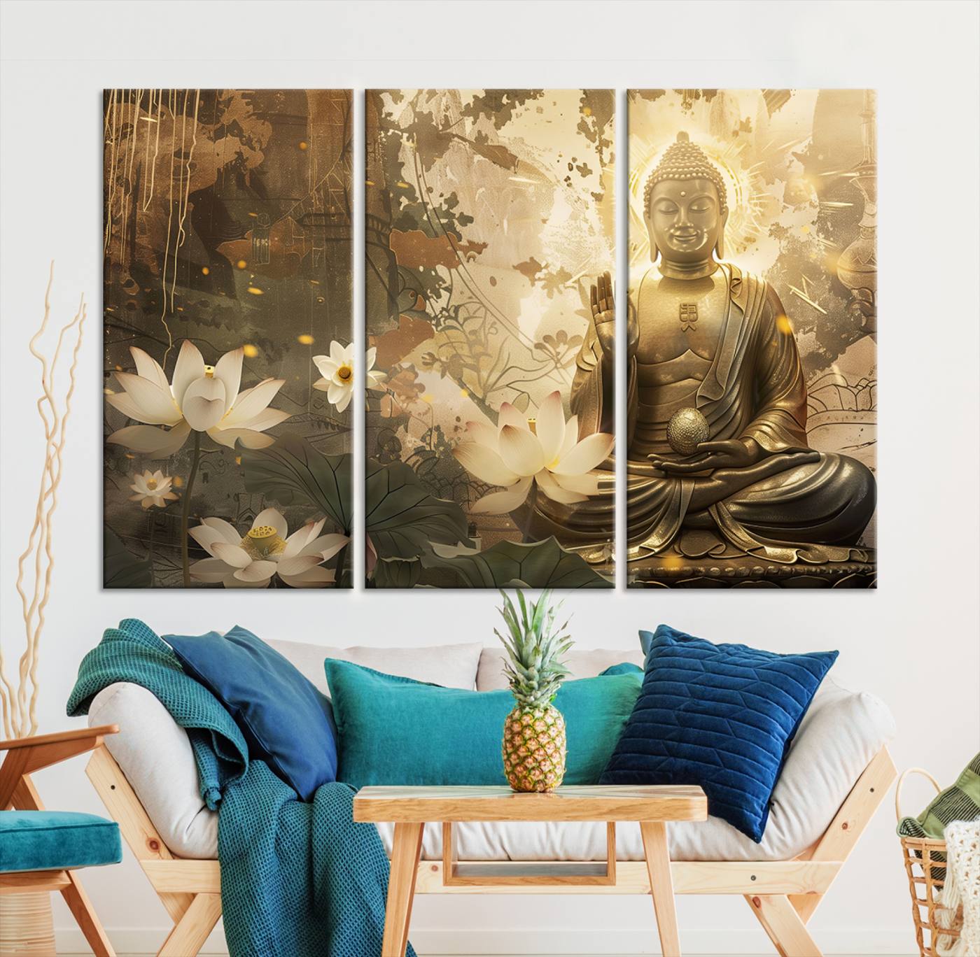 Buddha and Lotus Wall Art Canvas Print, Buddha Meditation Room Decor, Yoga Room Wall Art