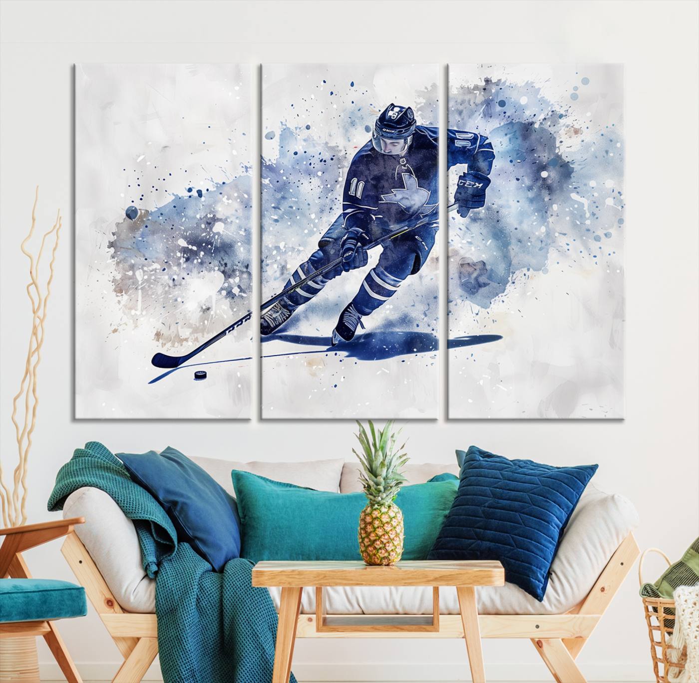 Abstract Watercolor Hockey Player Wall Art Canvas Print for Sport Room Decor