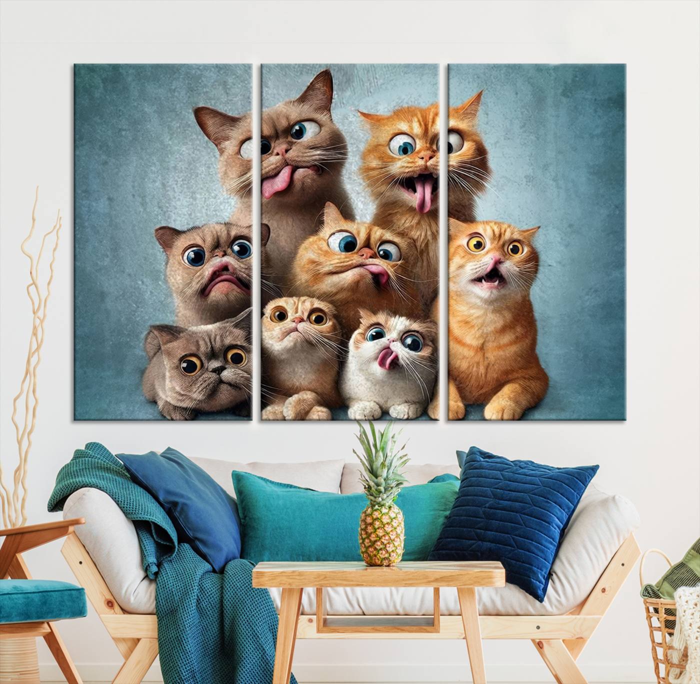 Fanny Cats Wall Art Canvas Print, Pixar Style Cat Wall Art Print, Comic Cartoon Cat Print