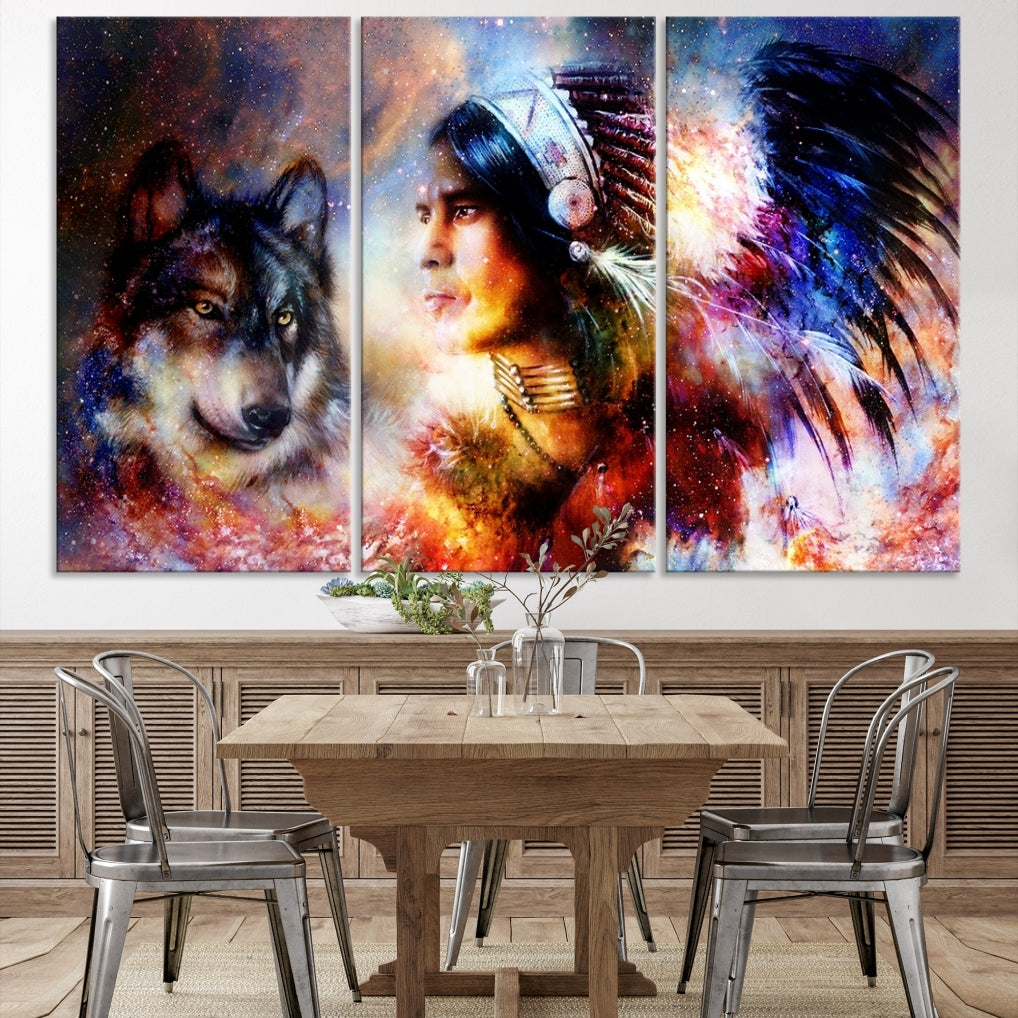 Wolf and Abstract Indian Chief Wall Art Canvas Print