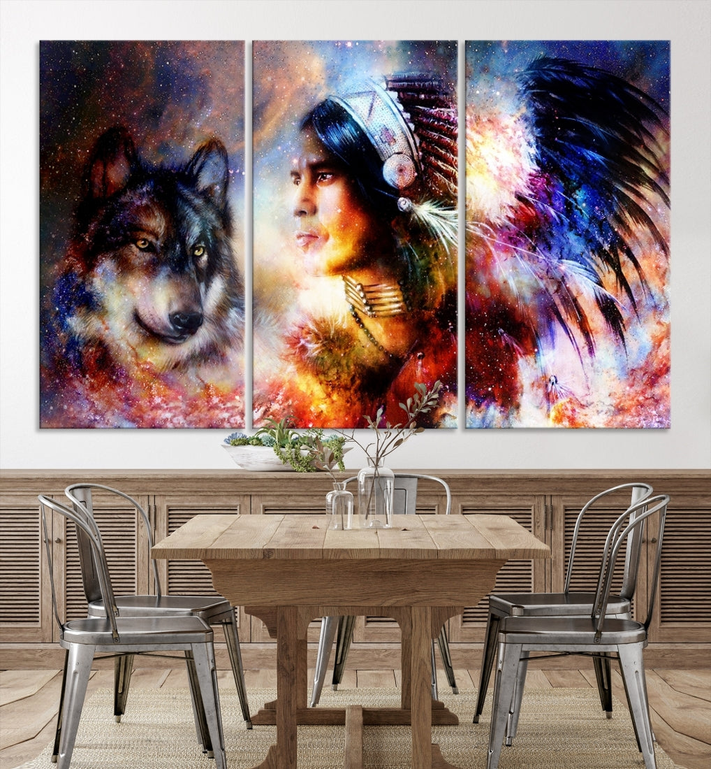 Wolf and Abstract Indian Chief Wall Art Canvas Print