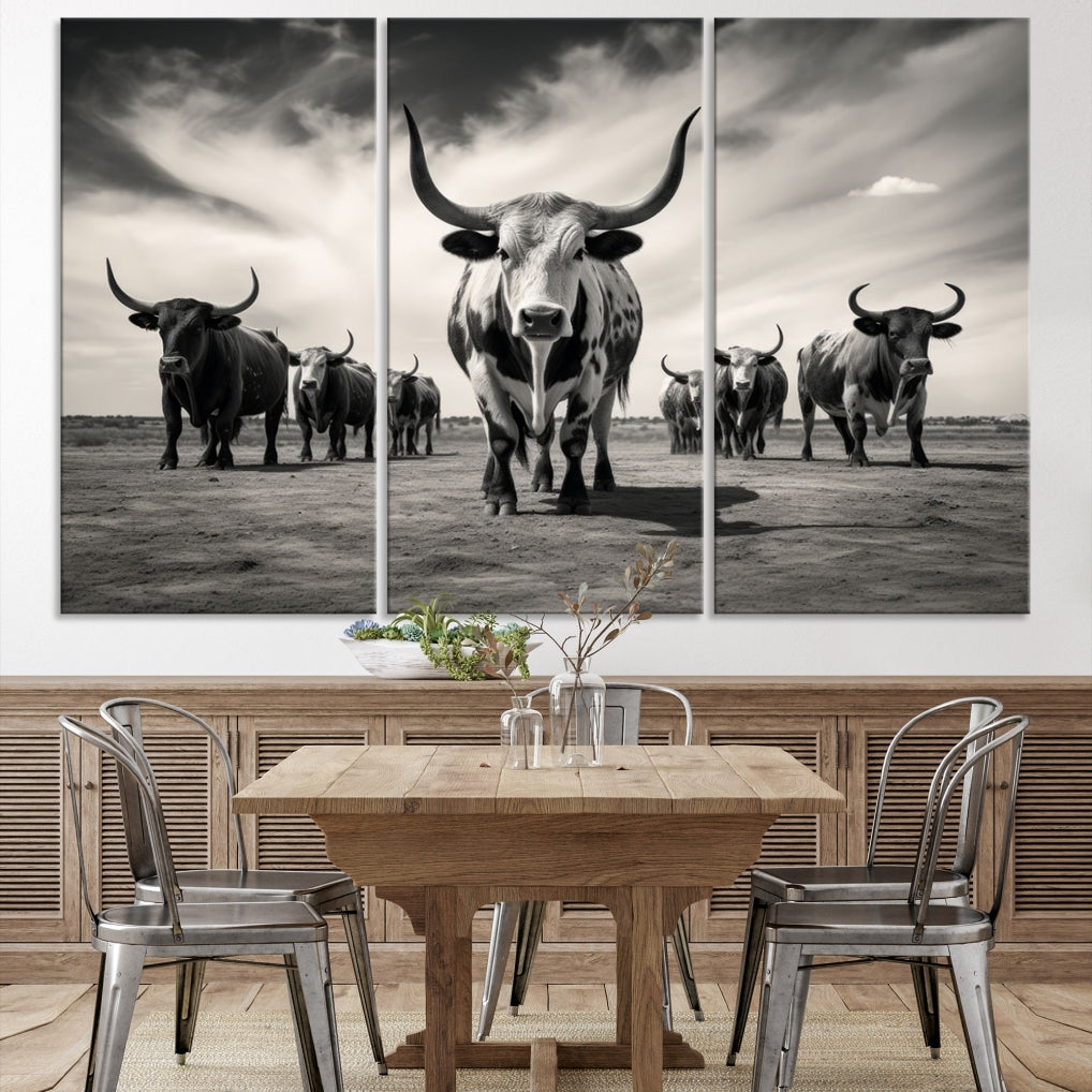 Texas Bighorn Cow Animal Wall Art Canvas Print, Longhorn Cow Large Wall Art