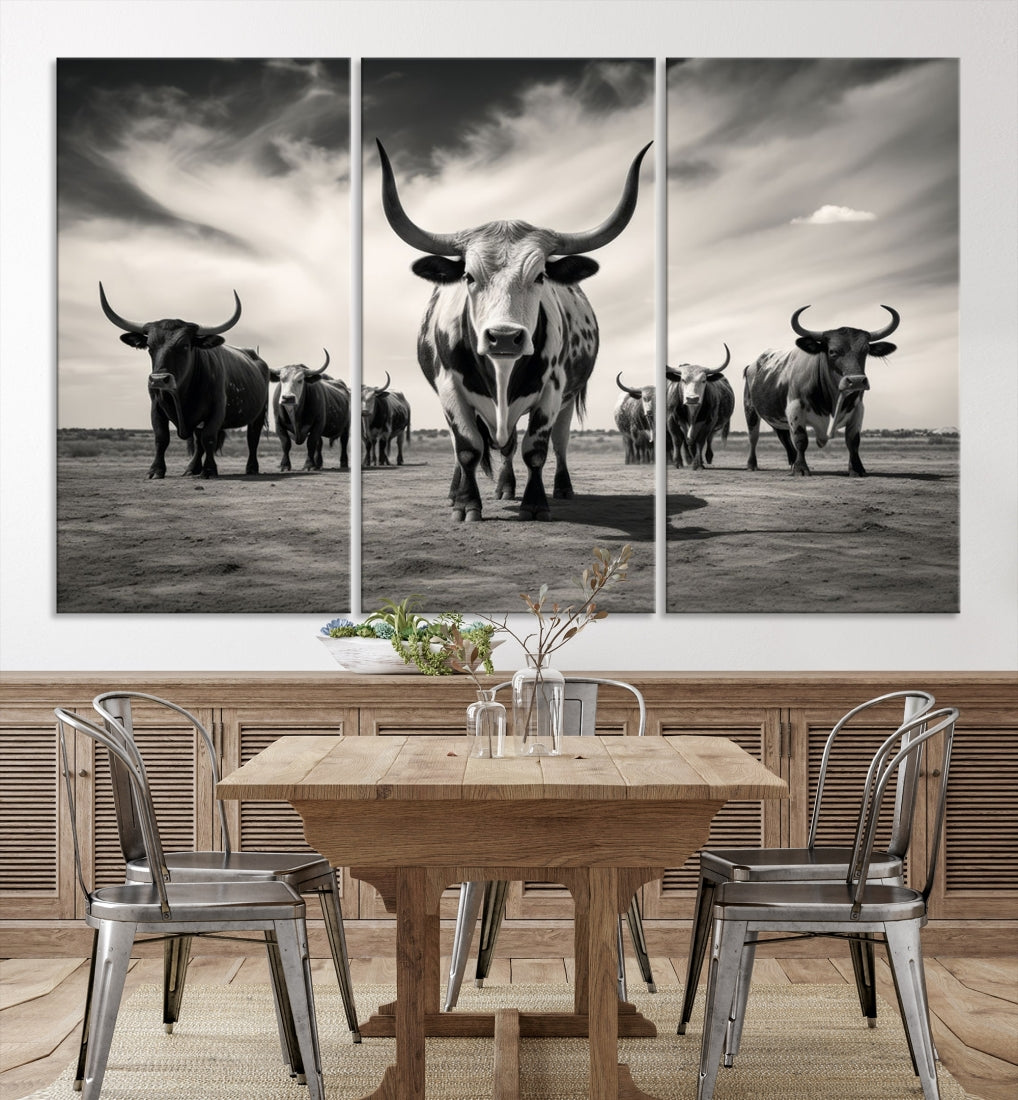 Texas Bighorn Cow Animal Wall Art Canvas Print, Longhorn Cow Large Wall Art