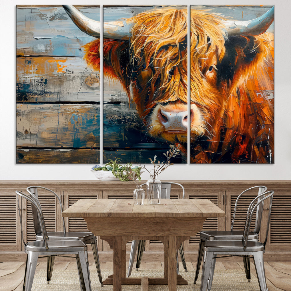 Cool Longhorn Cow on Old Wood Background Canvas Wall Art Print Framed and Shipped