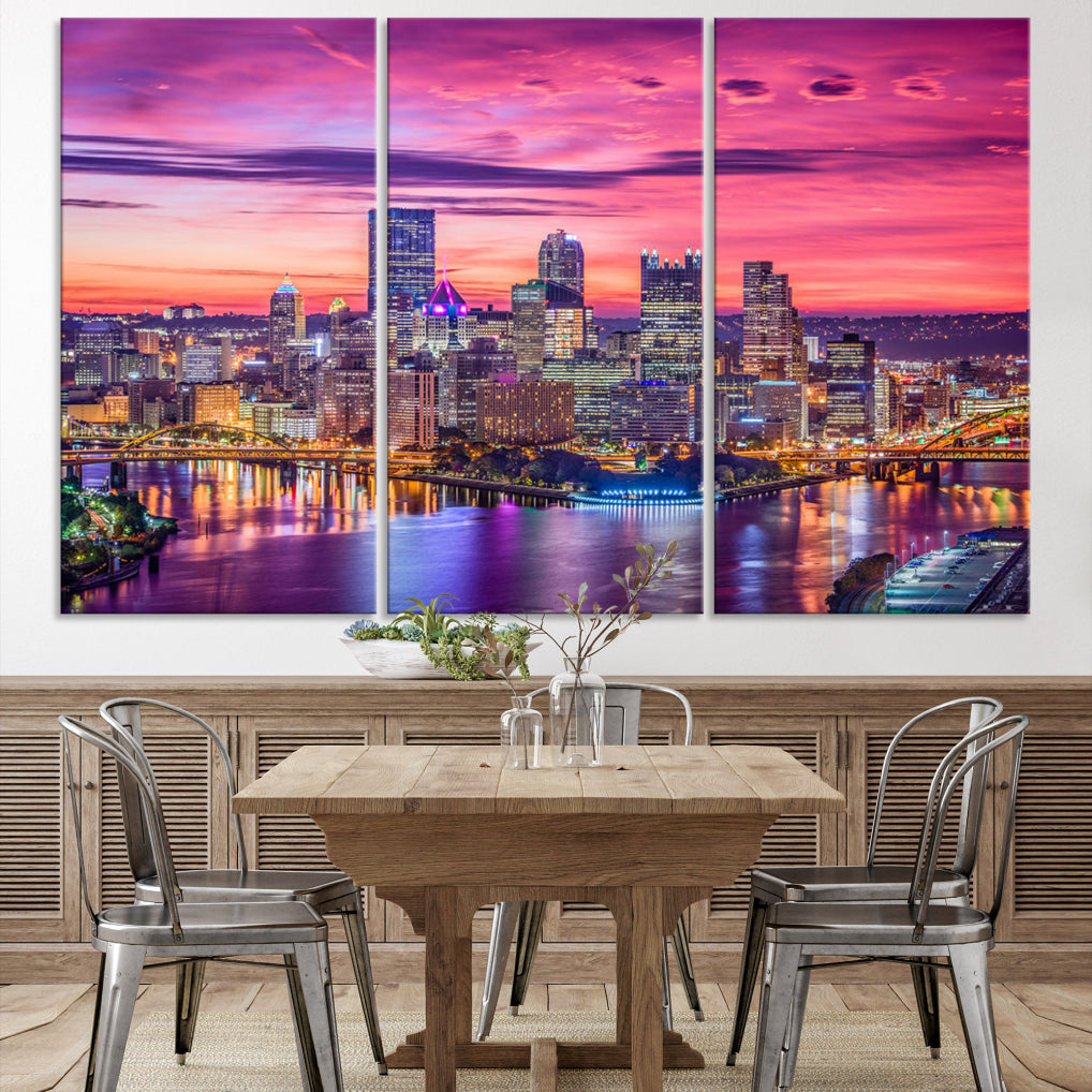 Pittsburgh Skyline Wall Art pink sky sunset cityscape Canvas Print Pennsylvania wall decor