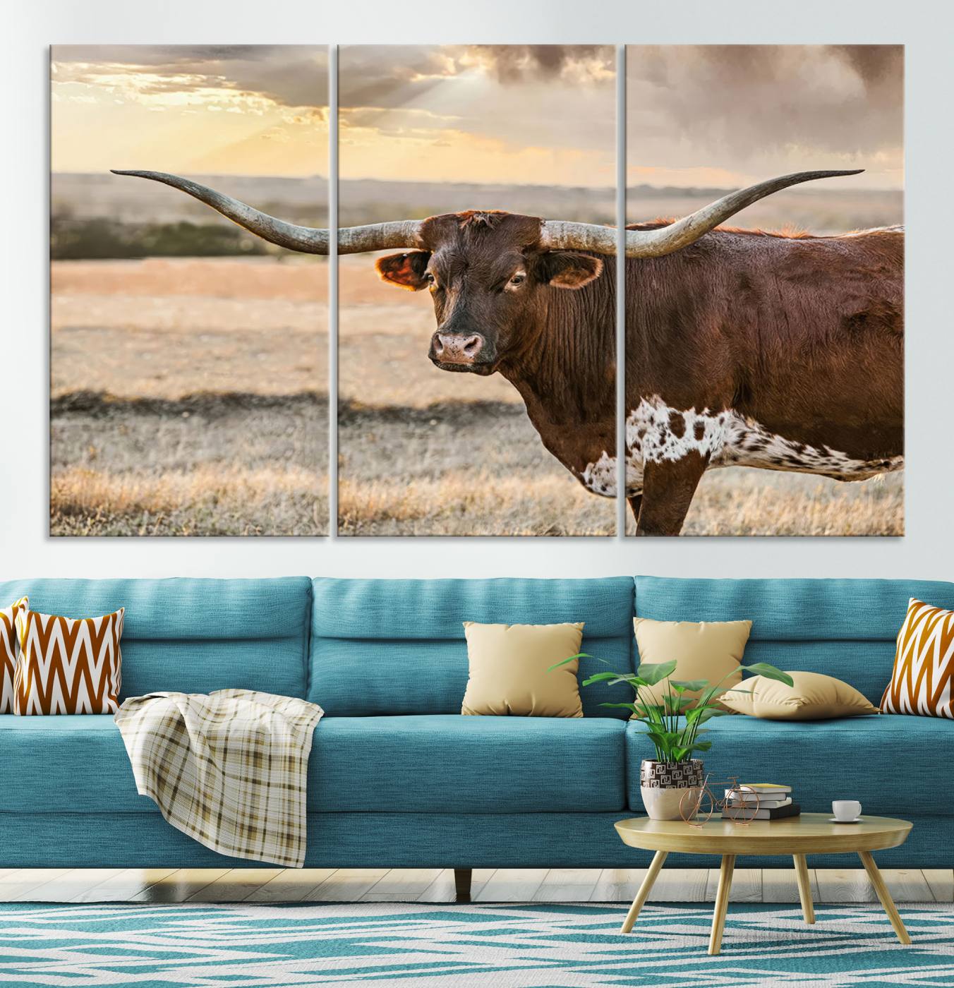 Bighorn Cow Texas Theme Decor Wall Art Canvas Print, Cattle Longhorn Wall Art Print