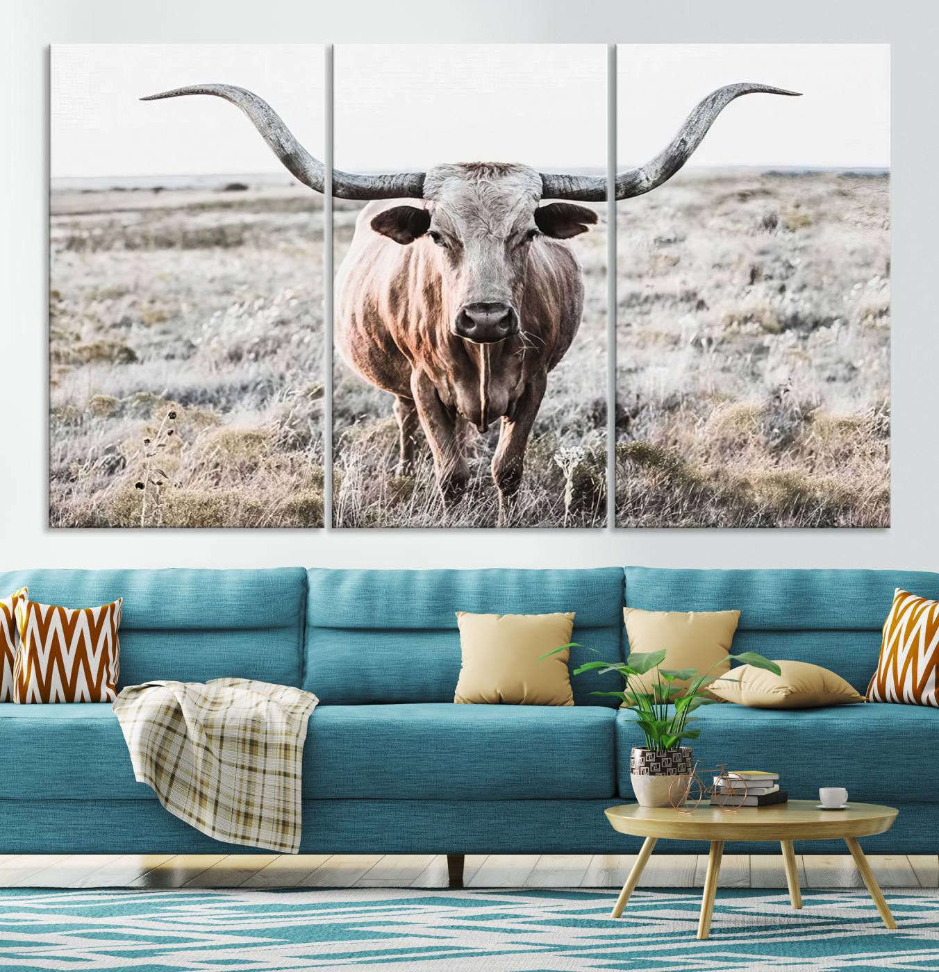 Texas Cow Longhorn Wall Art Canvas Print, Cattle Bighorn Wall Art Print