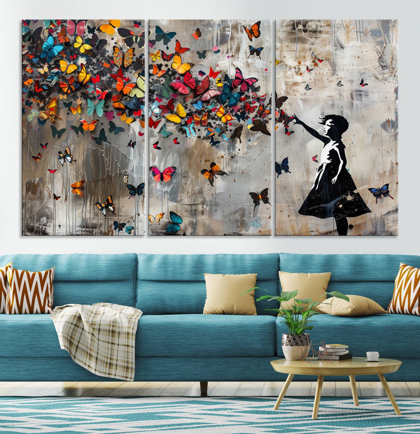 Banksy Style Girl and Butterfly on the Wall Art Canvas Print