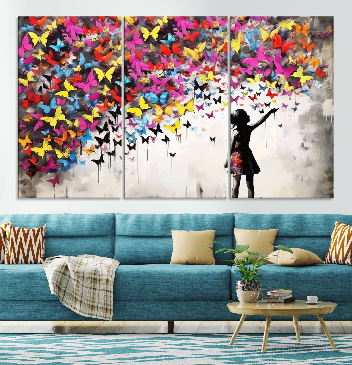 Banksy Style Girl and Butterfly Wall Art Canvas Print