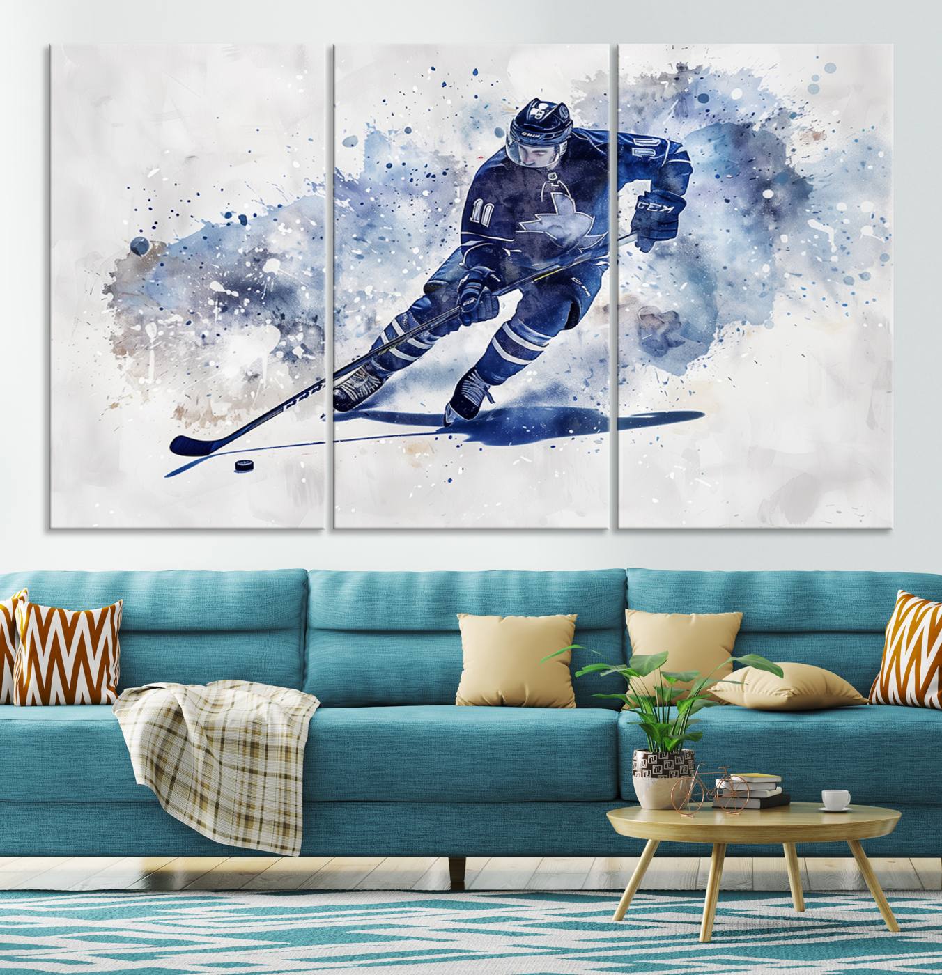 Abstract Watercolor Hockey Player Wall Art Canvas Print for Sport Room Decor