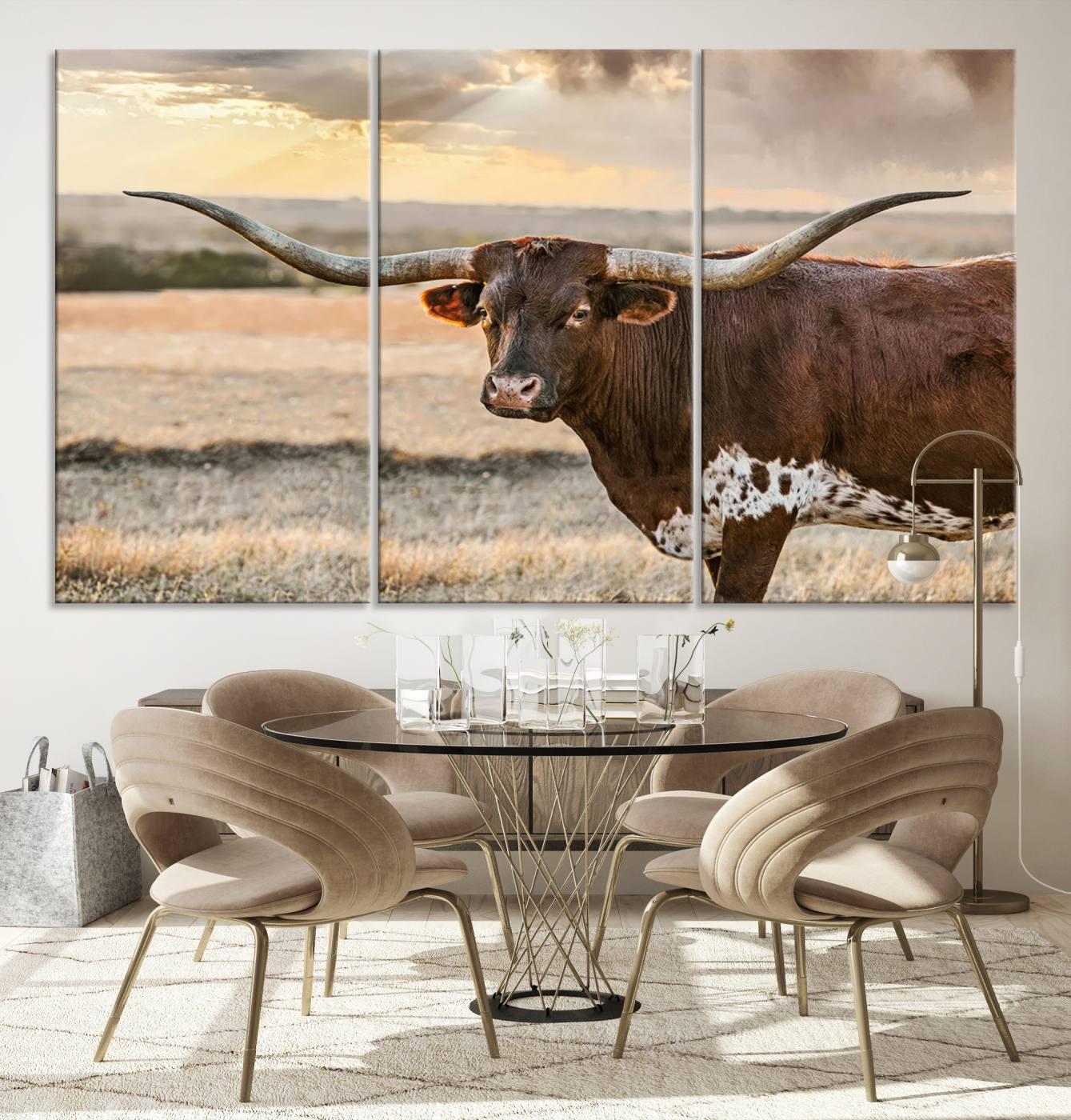 Bighorn Cow Texas Theme Decor Wall Art Canvas Print, Cattle Longhorn Wall Art Print