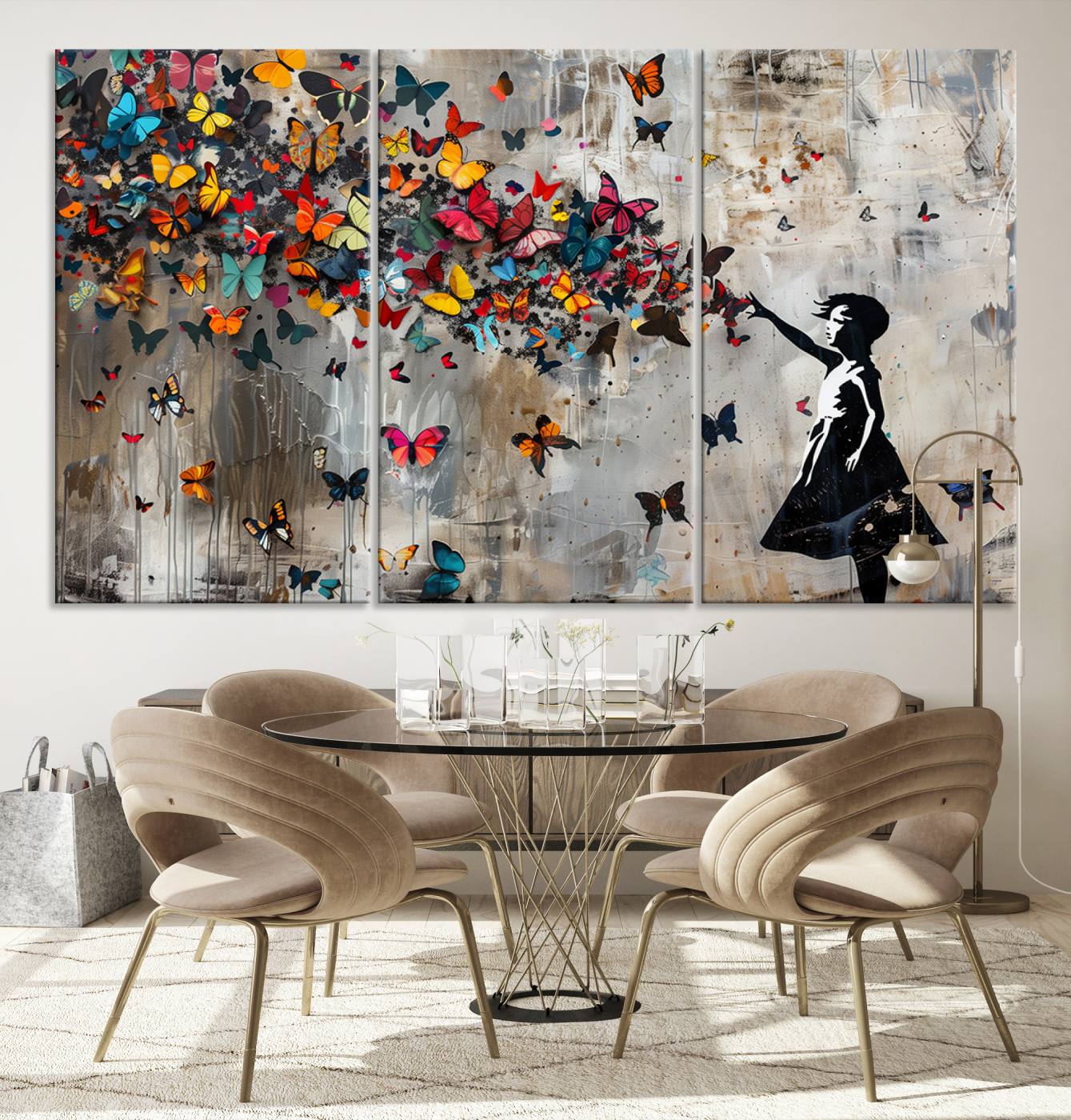 Banksy Style Girl and Butterfly on the Wall Art Canvas Print