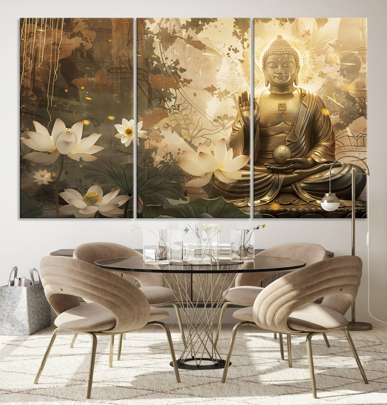 Buddha and Lotus Wall Art Canvas Print, Buddha Meditation Room Decor, Yoga Room Wall Art