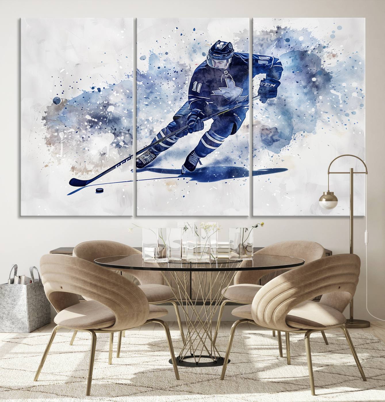 Abstract Watercolor Hockey Player Wall Art Canvas Print for Sport Room Decor