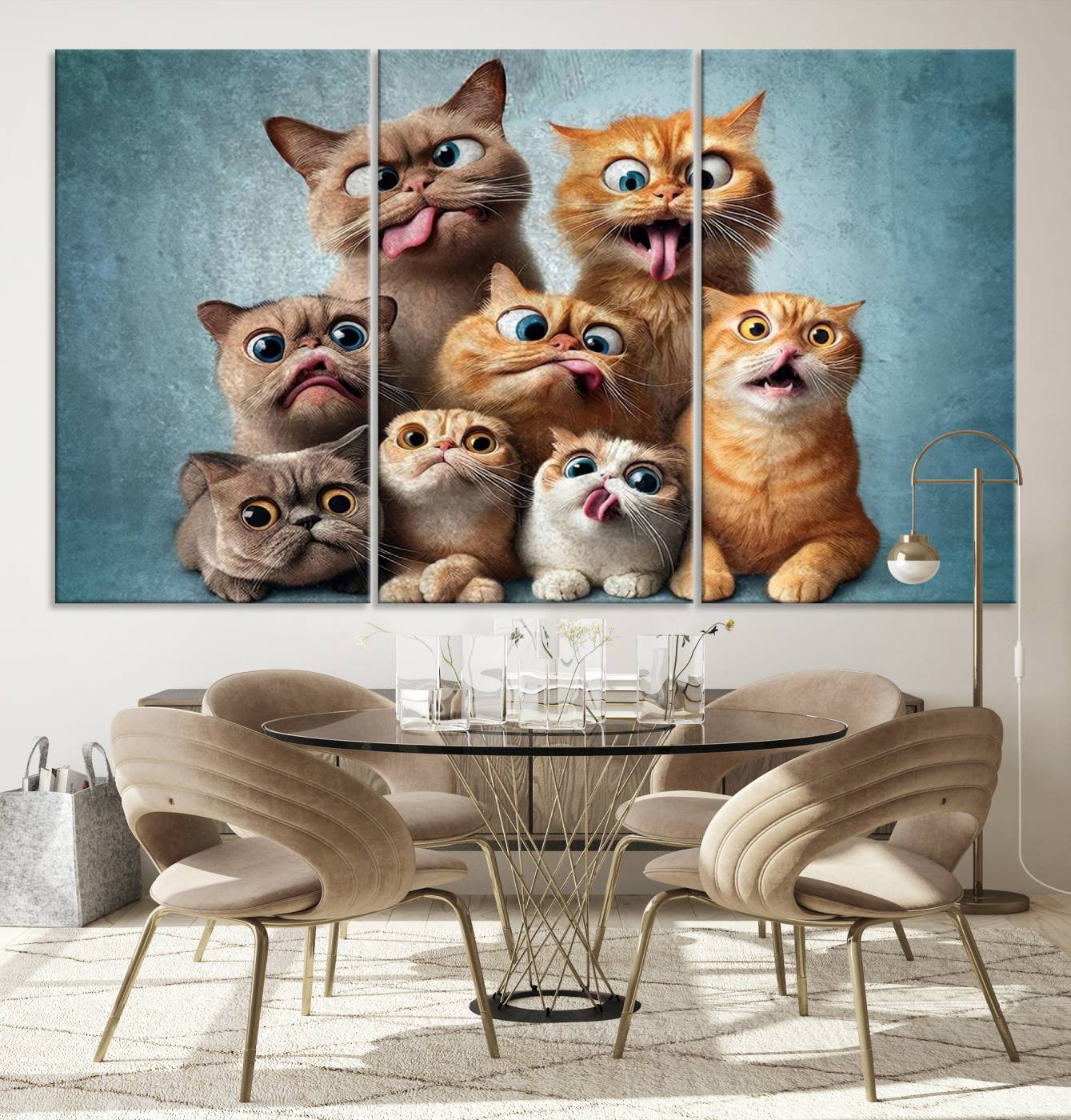 Fanny Cats Wall Art Canvas Print, Pixar Style Cat Wall Art Print, Comic Cartoon Cat Print