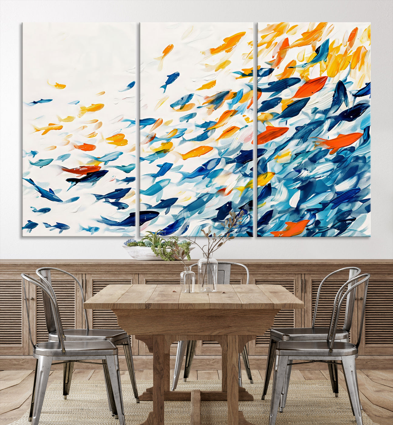 Abstract Fish Shoal Wall Art Canvas Print, Colorful Fish Herd Painting on Canvas Print