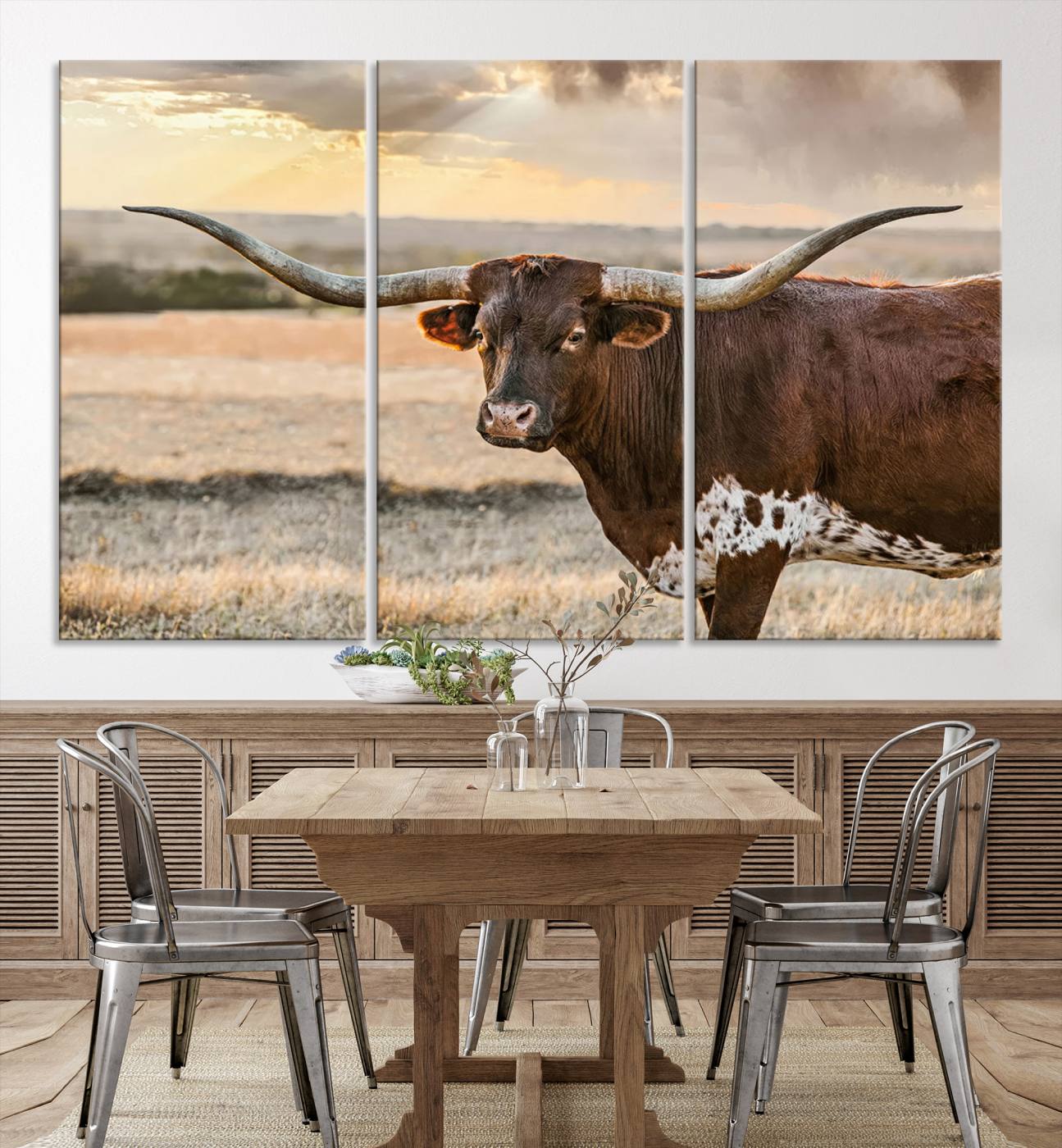 Bighorn Cow Texas Theme Decor Wall Art Canvas Print, Cattle Longhorn Wall Art Print