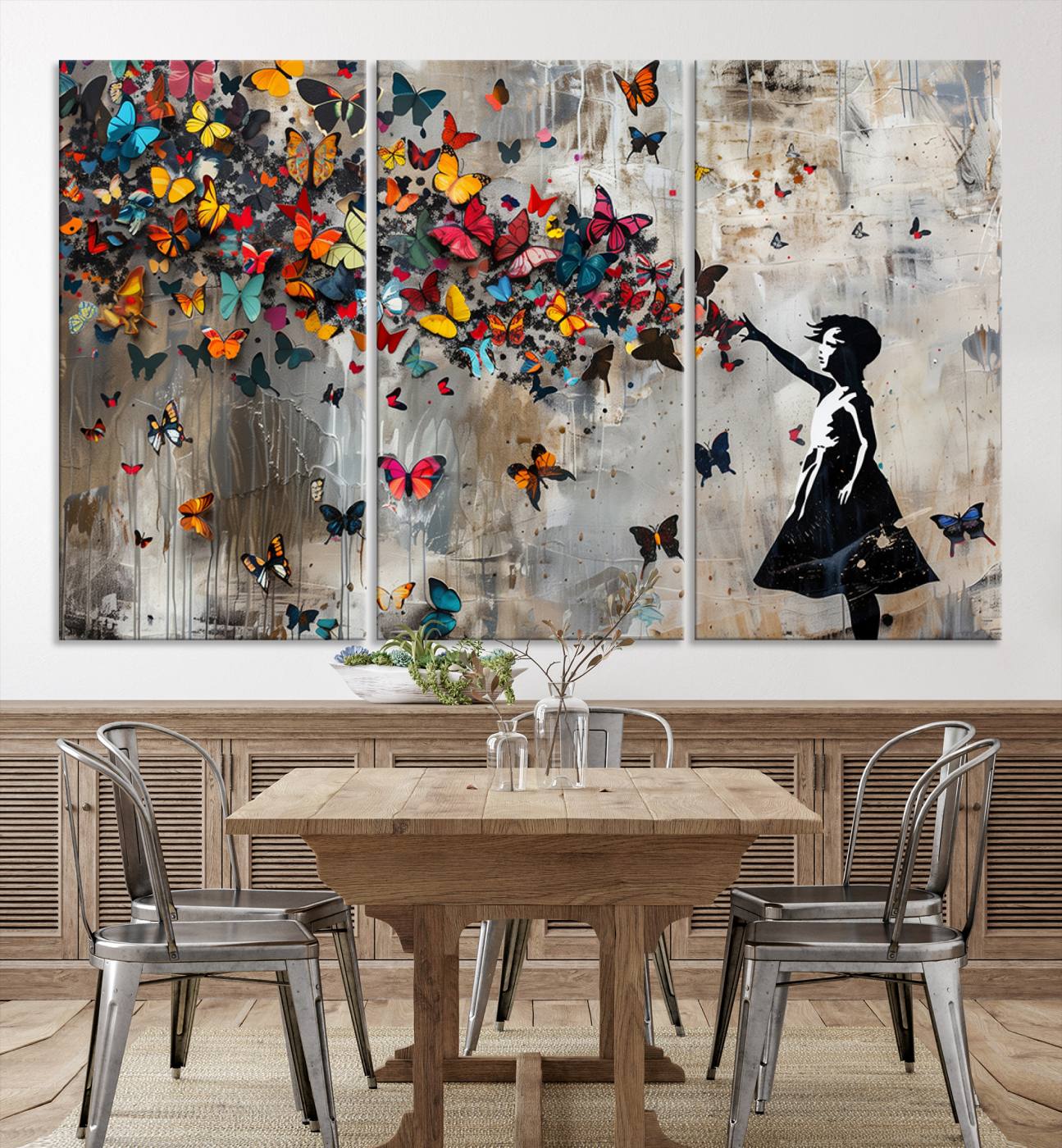 Banksy Style Girl and Butterfly on the Wall Art Canvas Print