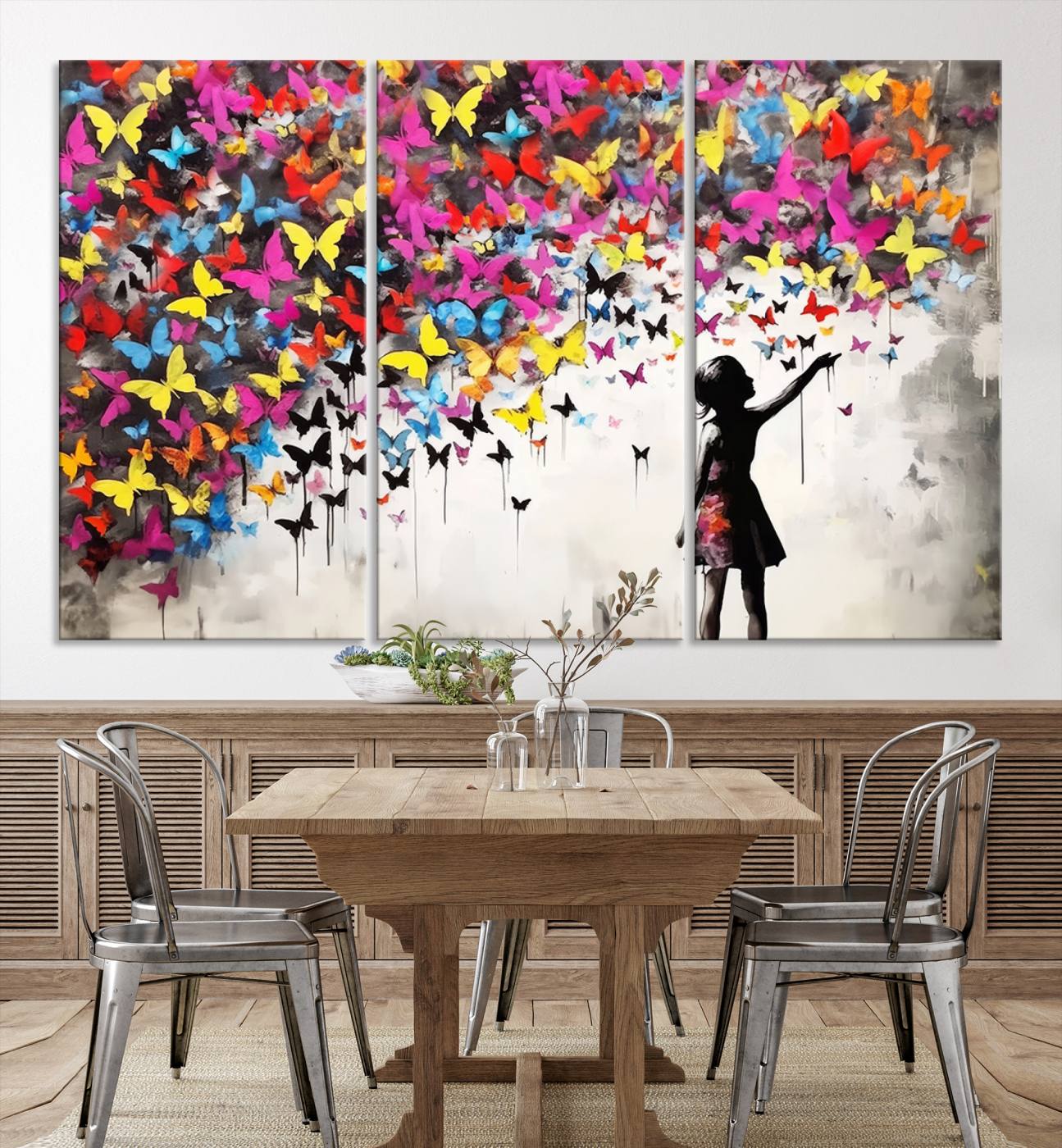 Banksy Style Girl and Butterfly Wall Art Canvas Print