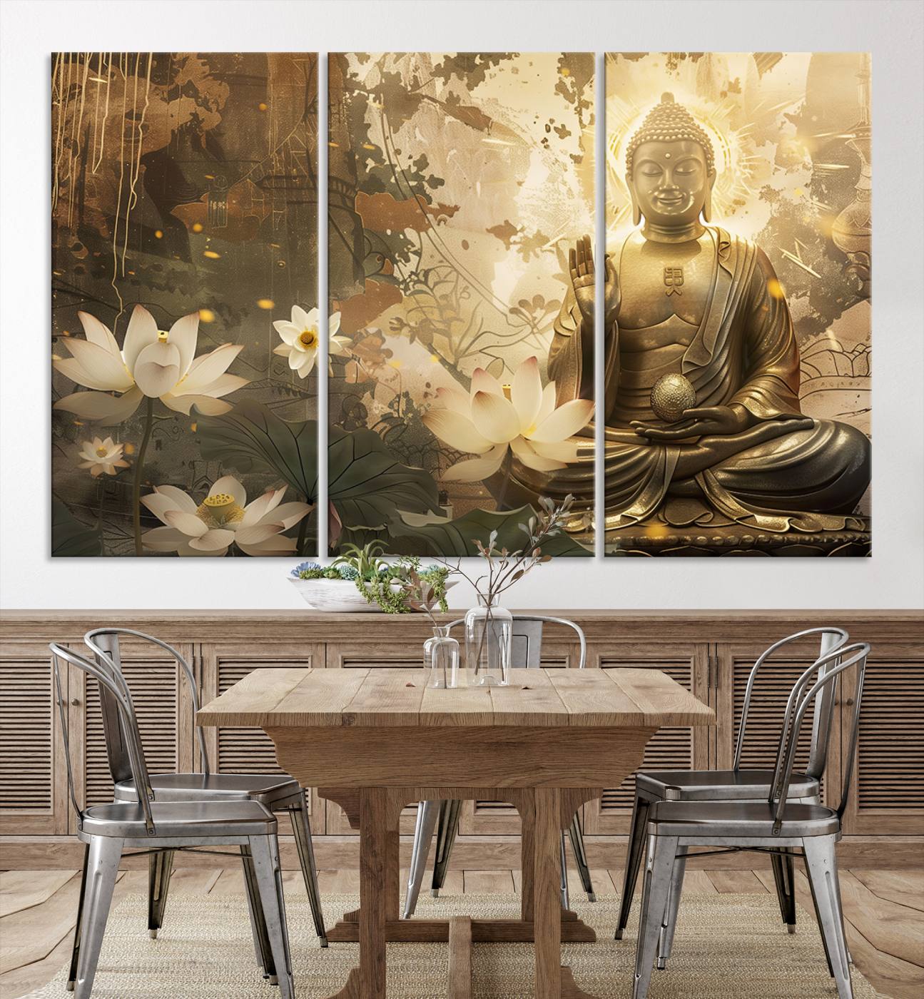 Buddha and Lotus Wall Art Canvas Print, Buddha Meditation Room Decor, Yoga Room Wall Art