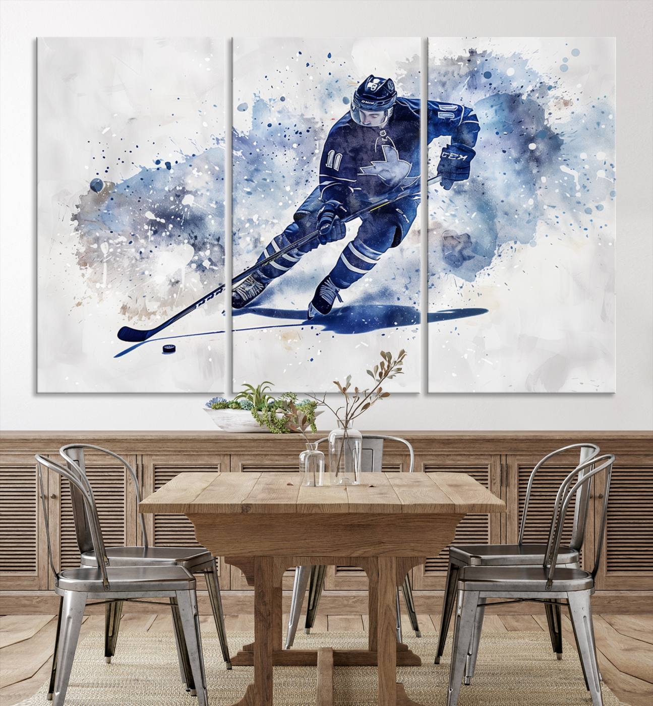 Abstract Watercolor Hockey Player Wall Art Canvas Print for Sport Room Decor