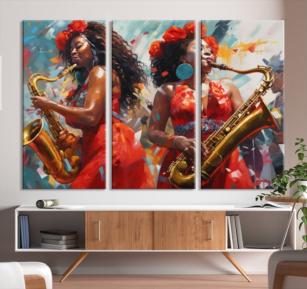 Saxophone Music Wall Art, Jazz Canvas Print, African American Woman Painting, Set of Print