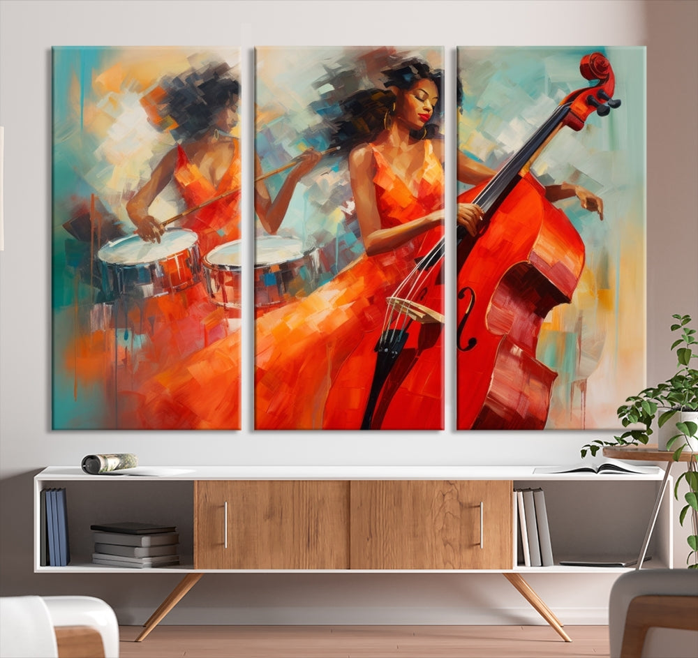 Jazz Bassist Watercolor Painting, Canvas Wall Art, Abstract Jazz Artwork for Wall Decor, Framed Print Set of