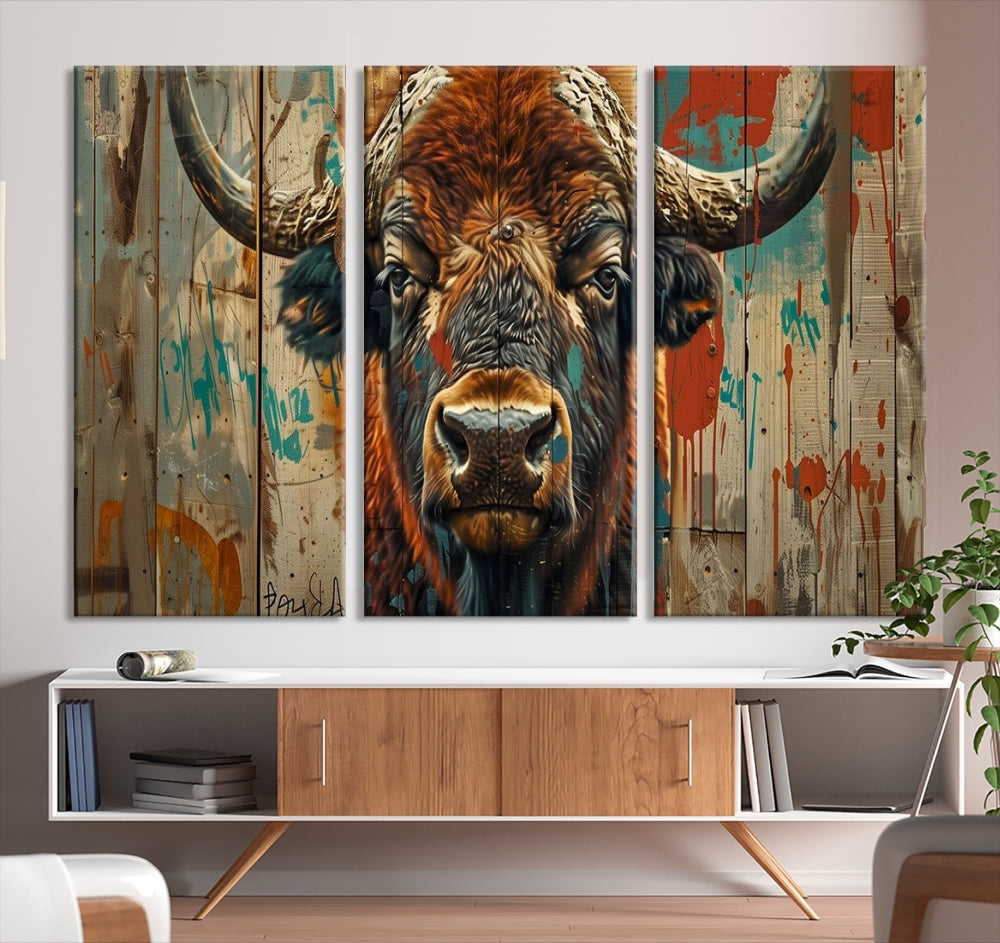 Vintage Buffalo Wall Decor Canvas Print Old Wood Background American Bison Wall Art