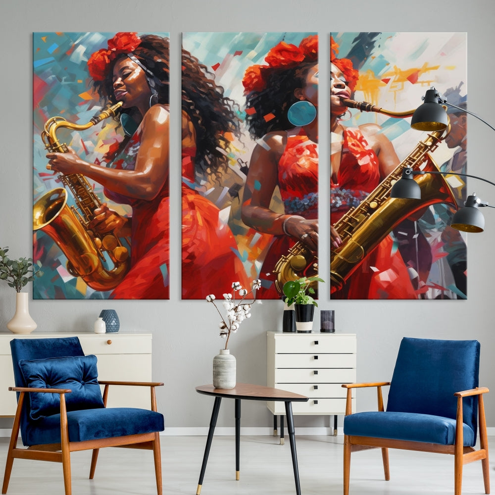 Saxophone Music Wall Art, Jazz Canvas Print, African American Woman Painting, Set of Print